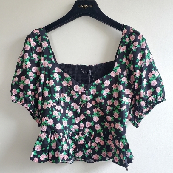 NWT Zara Floral Print Button Front Puff Sleeves Ruffle Peplum Crop Top Size XS - Picture 10 of 16